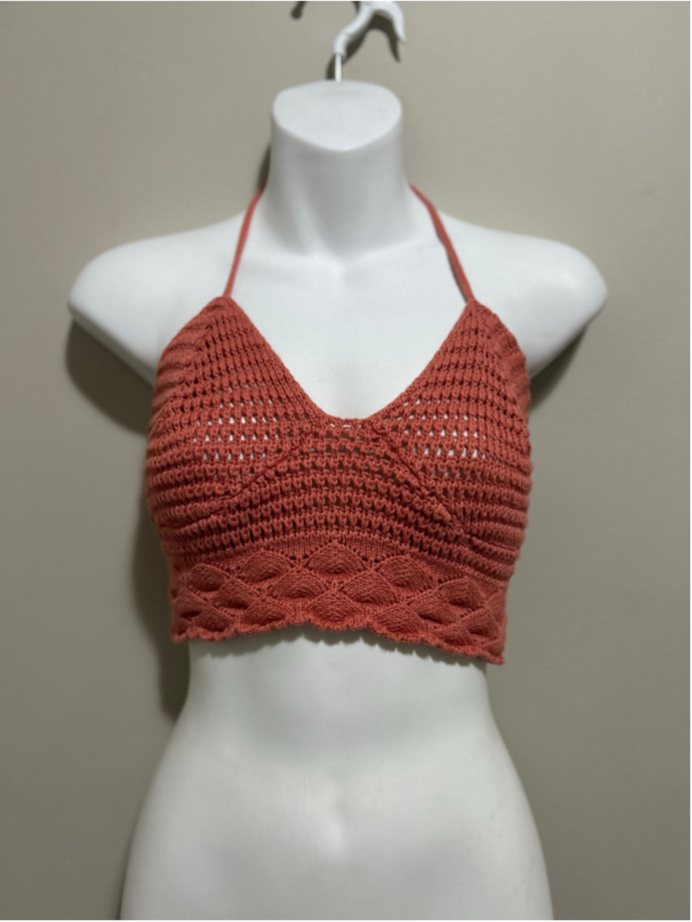 Crochet Halter Crop Top Size S Coral